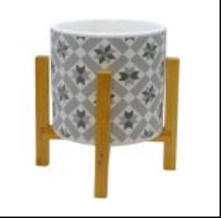 PRINTED INDOOR CERAMIC POT & WOODEN STAND