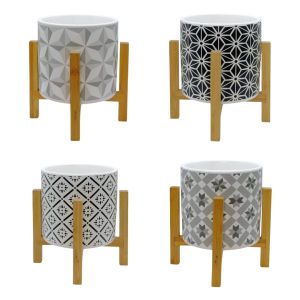 PRINTED INDOOR CERAMIC POT & WOODEN STAND