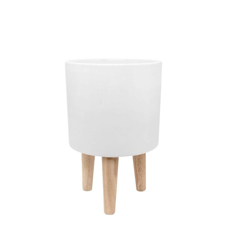 WHITE INDOOR CERAMIC POT & WOODEN STAND