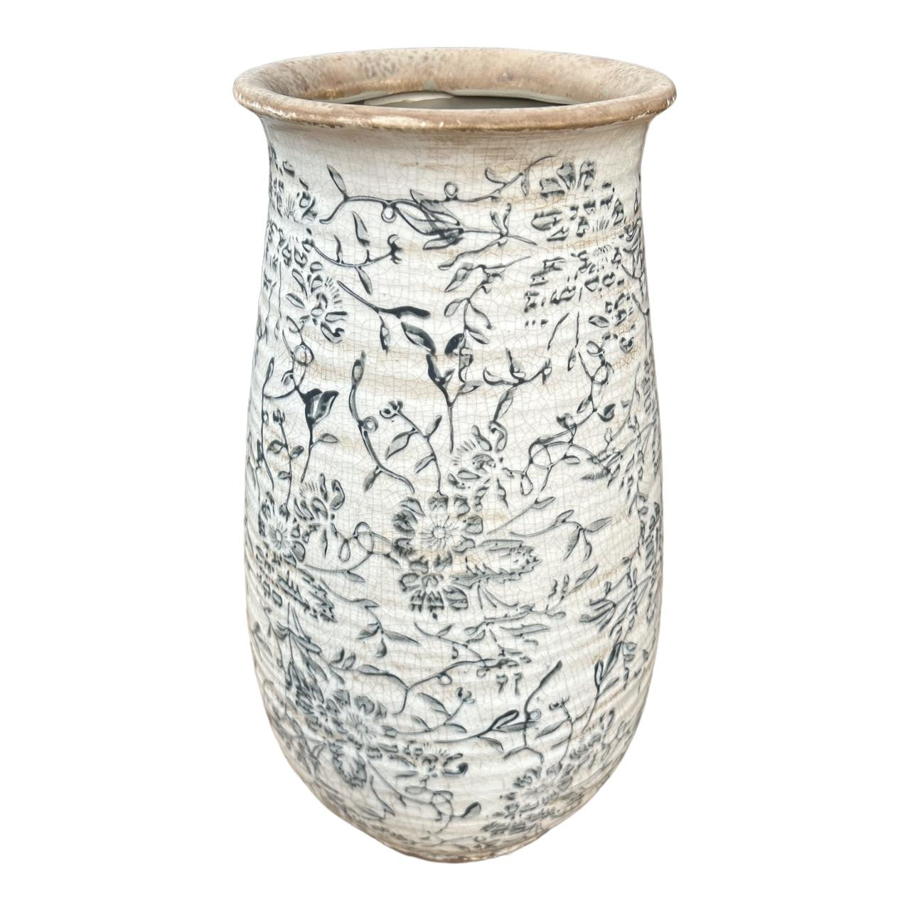 LRG FLORAL DESIGNED VASE -BLK