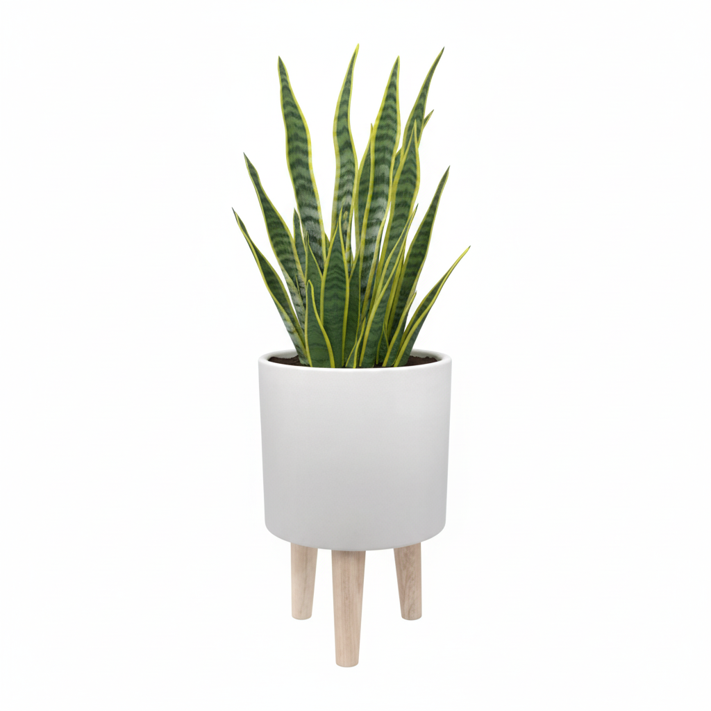 WHITE INDOOR CERAMIC POT & WOODEN STAND