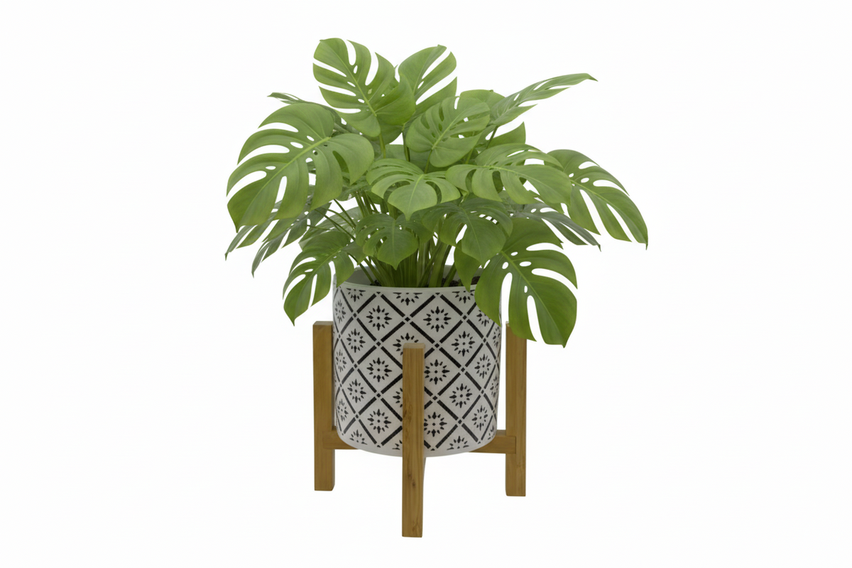 PRINTED INDOOR CERAMIC POT & WOODEN STAND