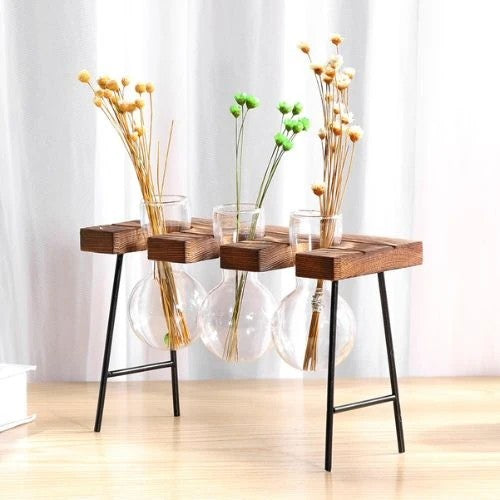 3 GLASS PLANTER IN WOODEN STAND
